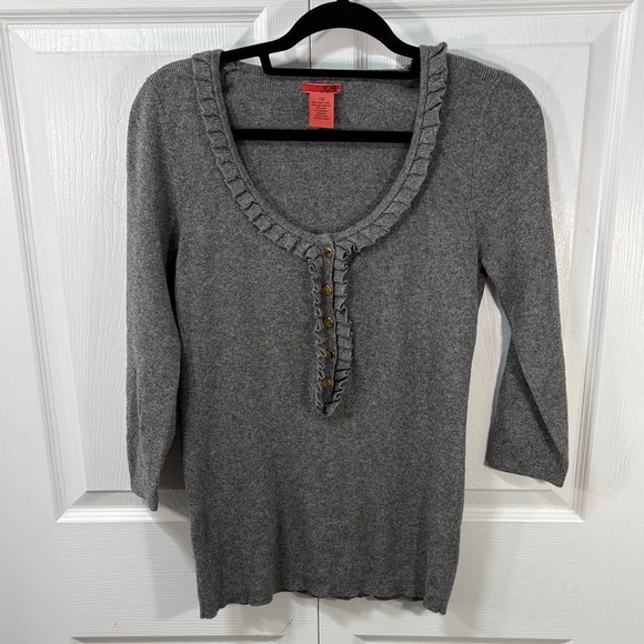 Cashmere Blend Ruffle Henley Sweater Grey Soft Feminine Knit top - Picture 2 of 6